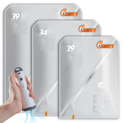 Turbo X7 cordless pump with 39, 34 and 29 inch clear vacuum storage bags from a 6 pack assorted set