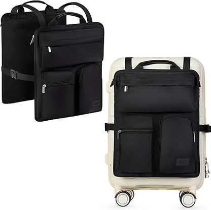 Black luggage handle hanging bag shown on its own and strapped over a cream carry-on suitcase