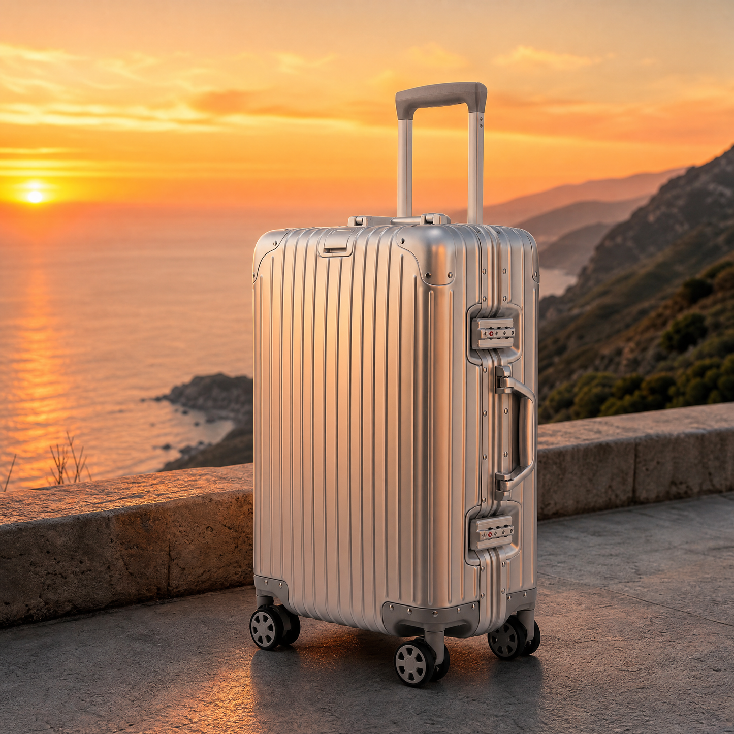 LYVOI aluminium suitcase at coastal sunset - premium travel carry-on
