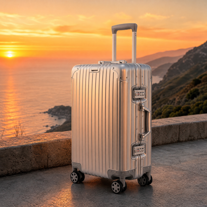 LYVOI aluminium suitcase at coastal sunset - premium travel carry-on