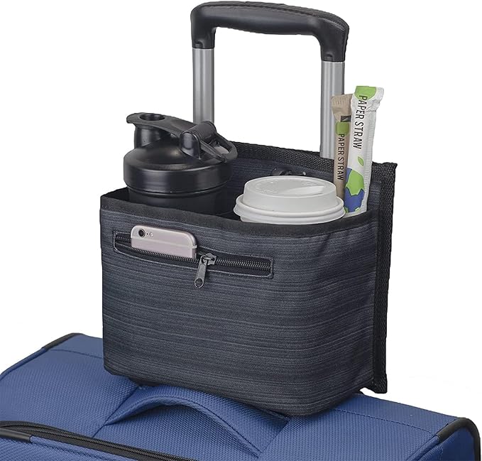 Luggage cup holder on a rolling suitcase holding a coffee cup and water bottle with a phone in the zip pocket