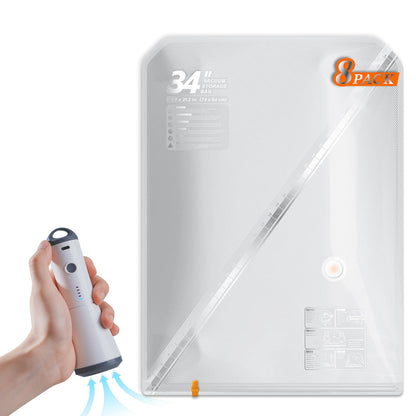 Hand using the Turbo X7 cordless pump to vacuum seal a 34 inch clear storage bag from an 8 pack