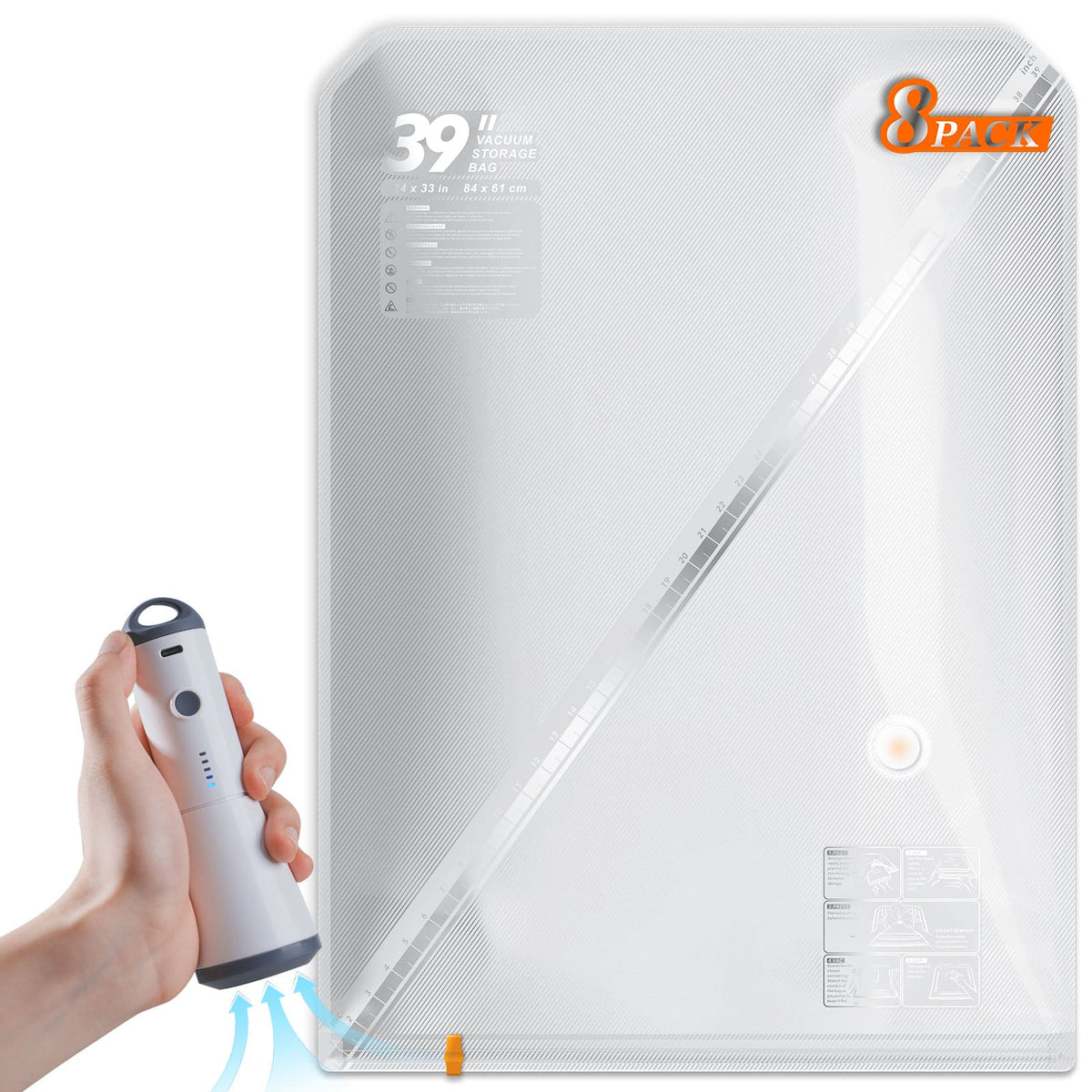 Hand using the Turbo X7 cordless pump to vacuum seal a large 39 inch clear storage bag from an 8 pack