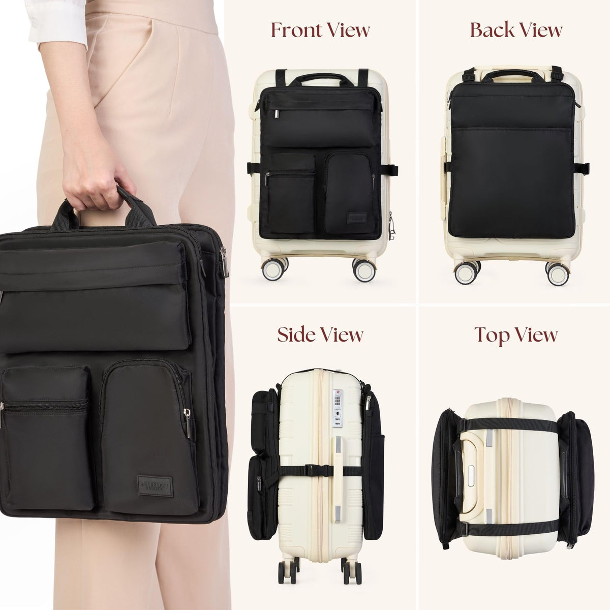 Front, back, side and top views of the black luggage handle organizer bag attached to a carry-on suitcase
