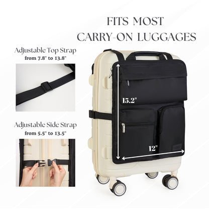 Luggage organizer bag measuring 15.2 by 12 inches with adjustable top and side straps to fit most carry-ons