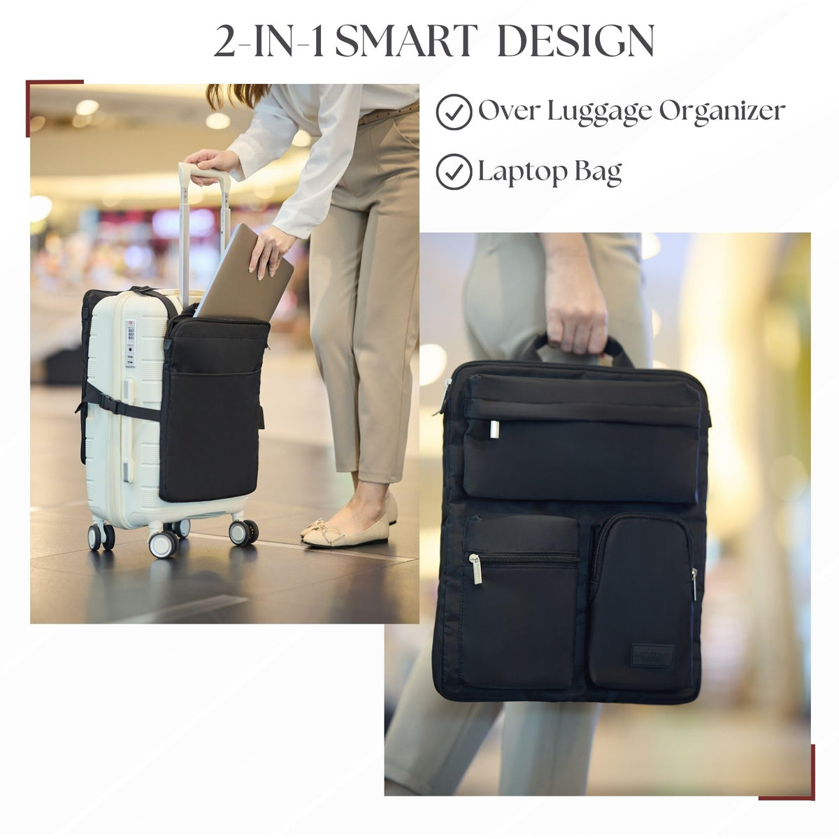2 in 1 smart design: the black organizer hangs over the luggage handle and also carries as a laptop bag