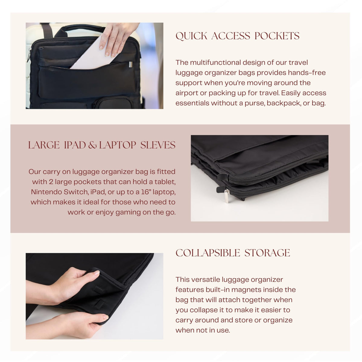 Close-ups of the organizer's quick access pockets, large iPad and laptop sleeves and collapsible storage