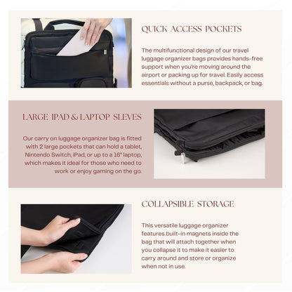 Close-ups of the organizer's quick access pockets, large iPad and laptop sleeves and collapsible storage