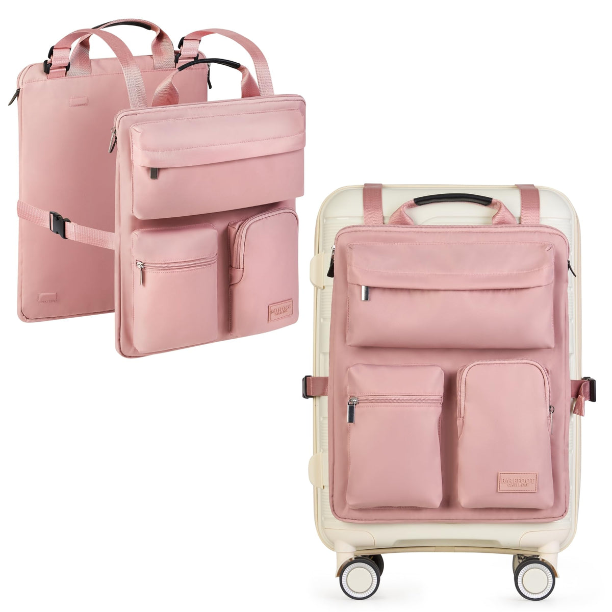 Pink luggage handle hanging bag shown on its own and strapped over a pink carry-on suitcase
