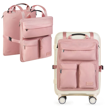Pink luggage handle hanging bag shown on its own and strapped over a pink carry-on suitcase