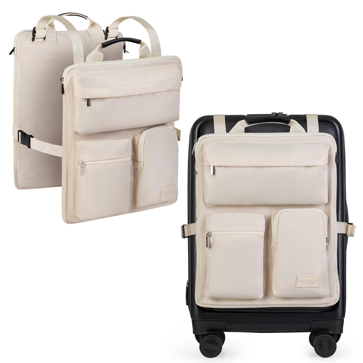 Beige luggage handle organizer bag shown on its own and strapped over a black and beige carry-on suitcase