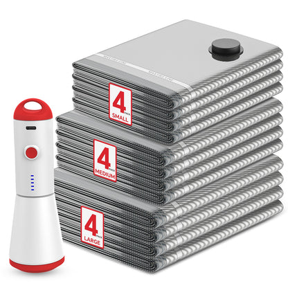 Turbo X7 vacuum bag set with 4 small, 4 medium and 4 large compression bags beside the red electric travel pump