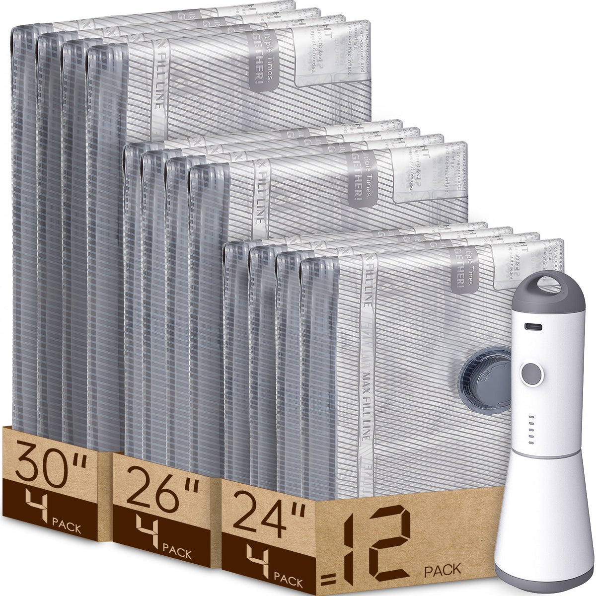 Turbo X7 vacuum storage bags 12 pack in three sizes, 30, 26 and 24 inch, next to the cordless travel pump