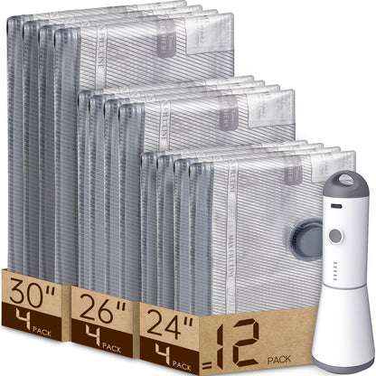 Turbo X7 vacuum storage bags 12 pack in three sizes, 30, 26 and 24 inch, next to the cordless travel pump