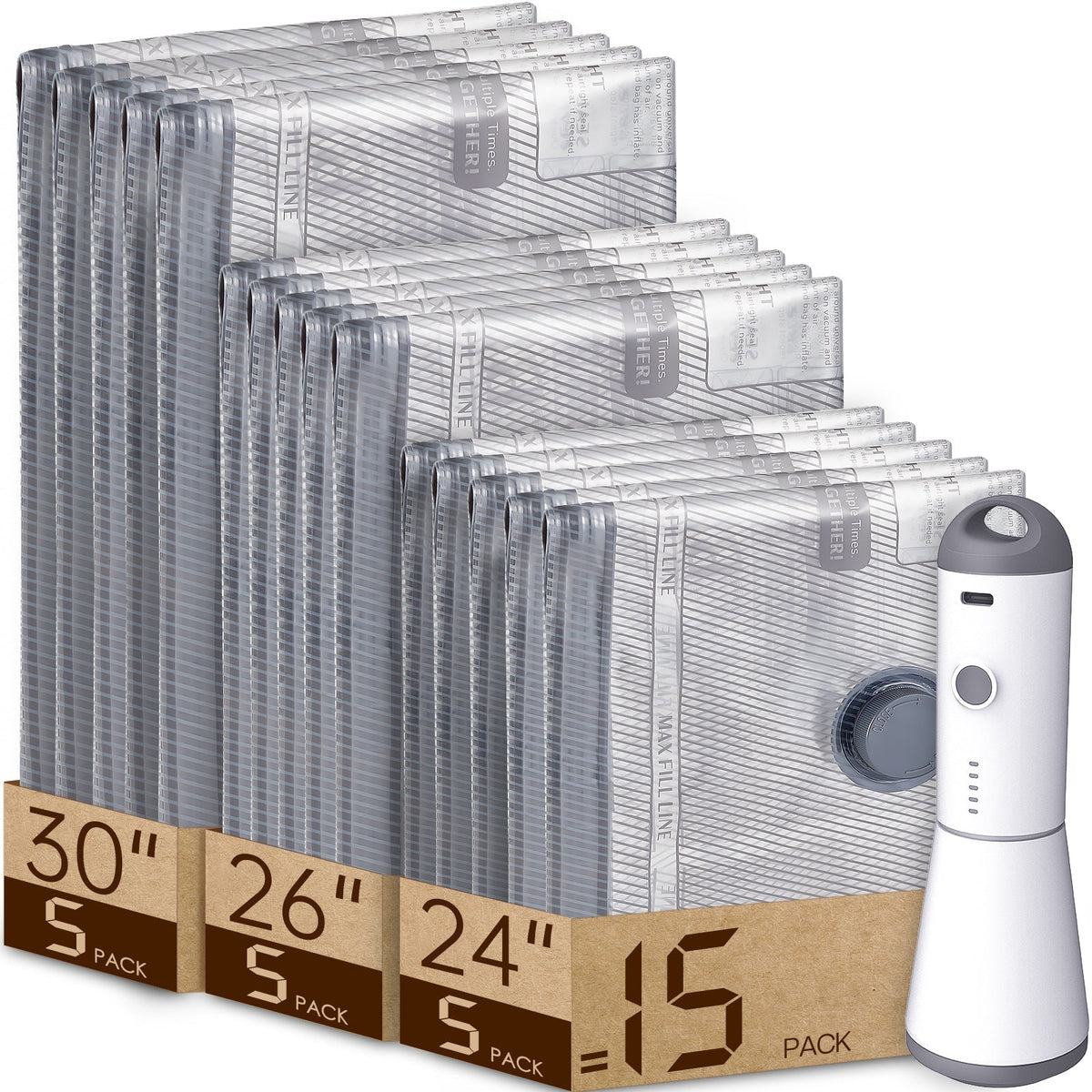 Turbo X7 vacuum storage bags 15 pack in 30, 26 and 24 inch sizes with the rechargeable cordless electric pump