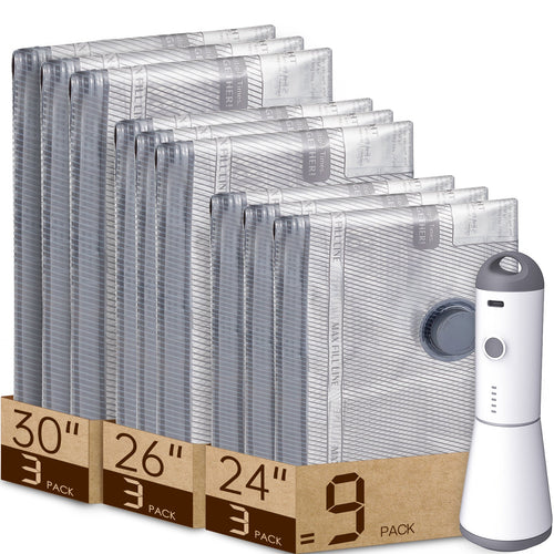 Turbo X7 travel vacuum storage bags 9 pack in 30, 26 and 24 inch sizes shown with the cordless electric pump