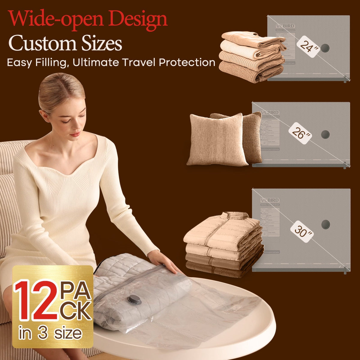 Woman packing clothes into a 12 pack of easy-open zipper vacuum storage bags in three sizes for travel