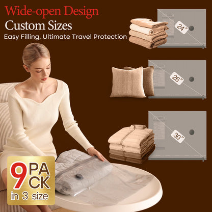 Woman packing clothes into a 9 pack of zipper vacuum storage bags in three custom sizes for travel protection