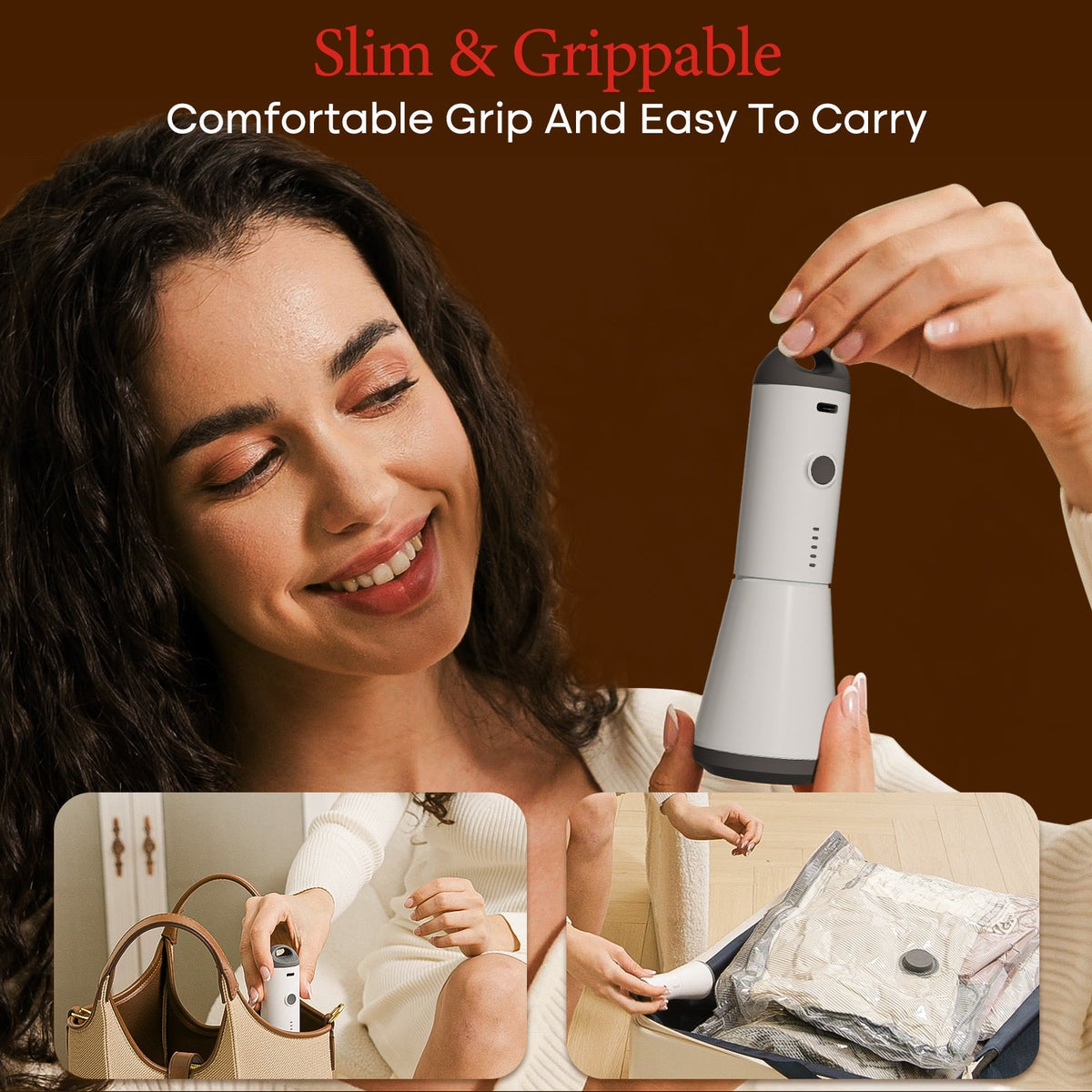 Smiling woman holding the slim, grippable Turbo X7 travel vacuum pump over a compressed clothing bag