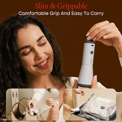 Smiling woman holding the slim, grippable Turbo X7 travel vacuum pump over a compressed clothing bag