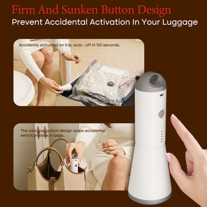 Turbo X7 travel vacuum pump with a slim sunken power button that prevents accidental activation in luggage