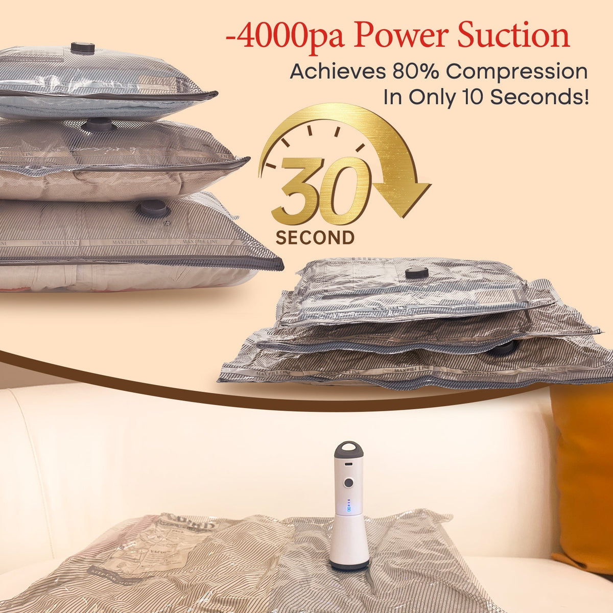 Turbo X7 pump with 4000Pa suction compressing a clothing vacuum bag by 80 percent in about 30 seconds