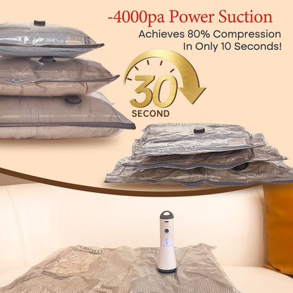 Turbo X7 pump with 4000Pa suction compressing a clothing vacuum bag by 80 percent in about 30 seconds