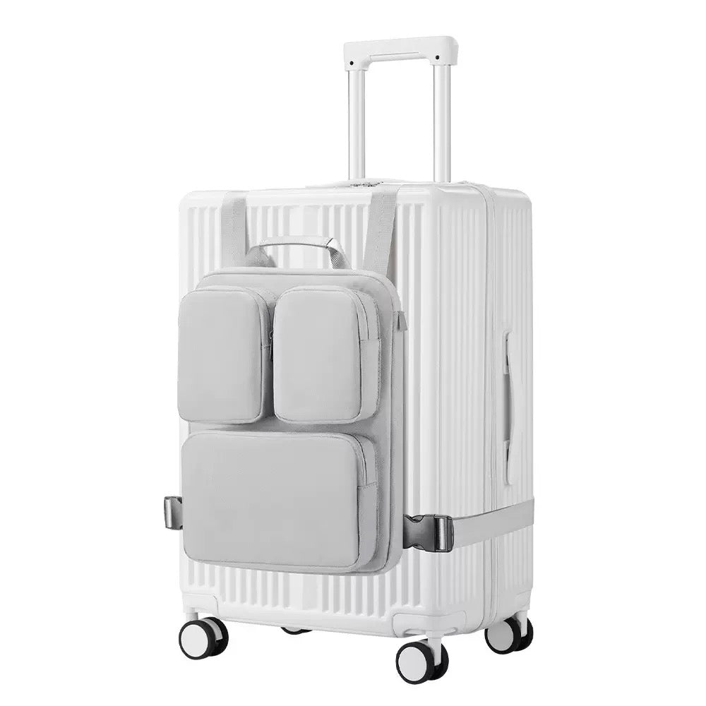 Light gray luggage handle hanging bag with two front pockets strapped to a white hard shell carry-on suitcase