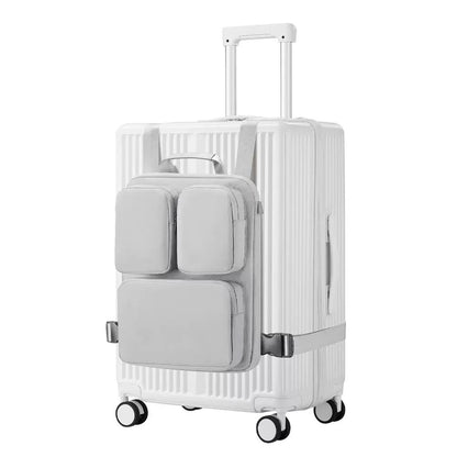 Light gray luggage handle hanging bag with two front pockets strapped to a white hard shell carry-on suitcase